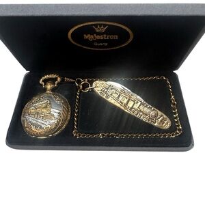 Vintage Majestron Gold Ornate Pocket Watch with Chain and Pocket Train
